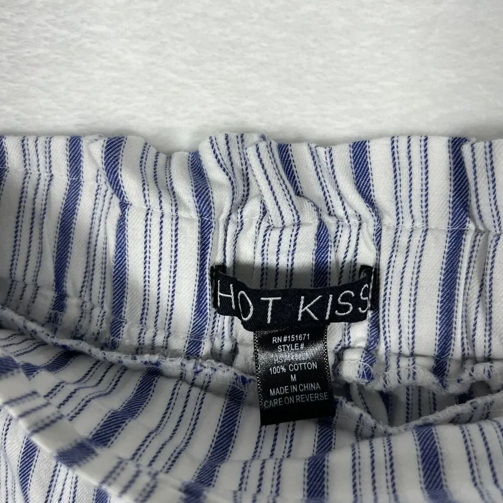 Hot Kiss Women's Shorts Size M White Navy Striped Cotton Paperbag Waist Tie